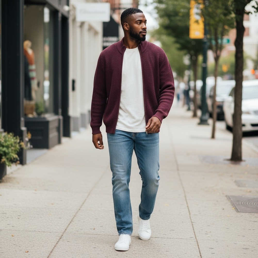 LL Bean Mens Full Zip Cardigan Sweater Burgundy Shaker Stitch Mock Neck XL